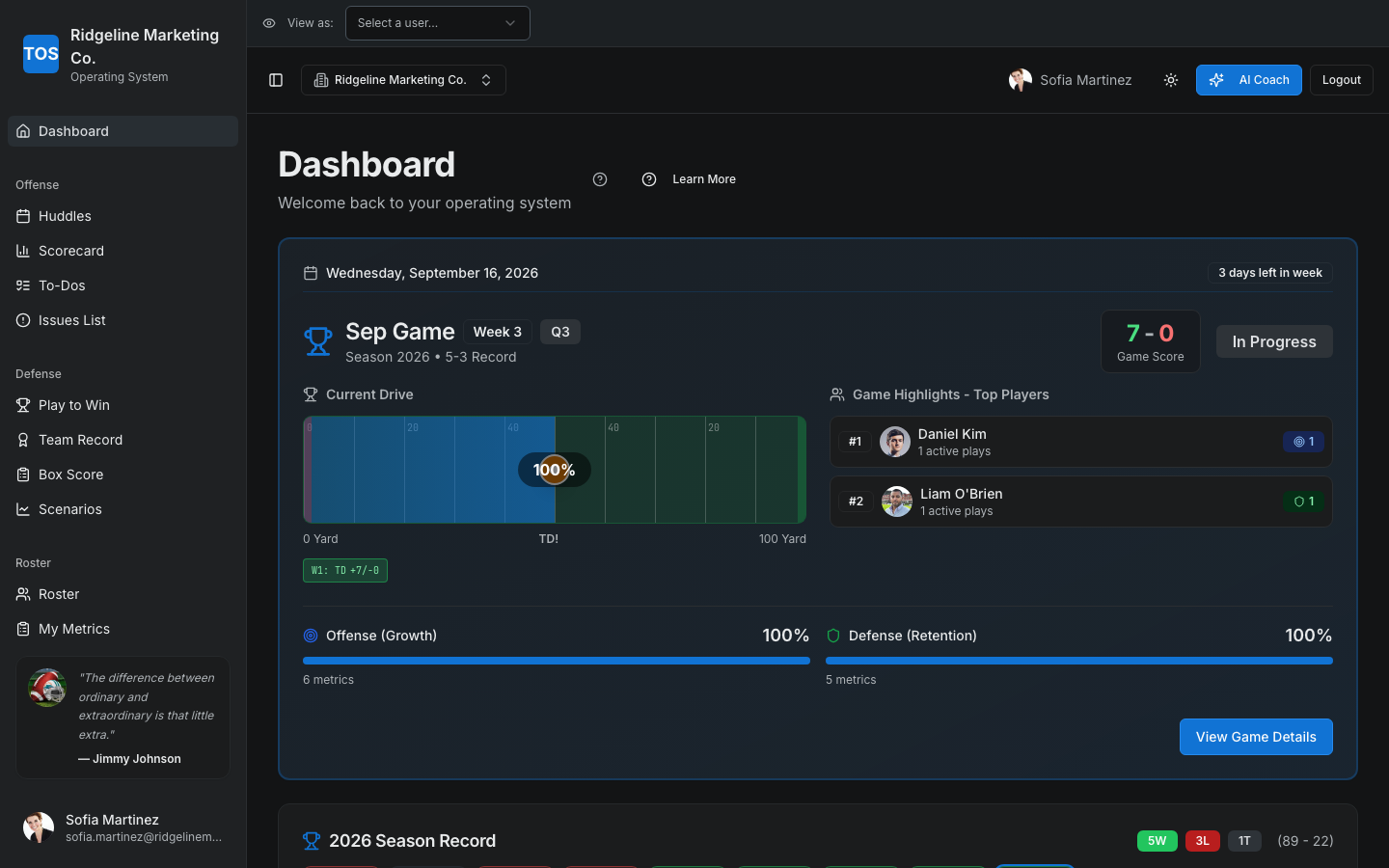 The Dashboard's live game field, showing the current Drive at 100% with a touchdown, this Game's 7-0 score, and the 5-3 Season record