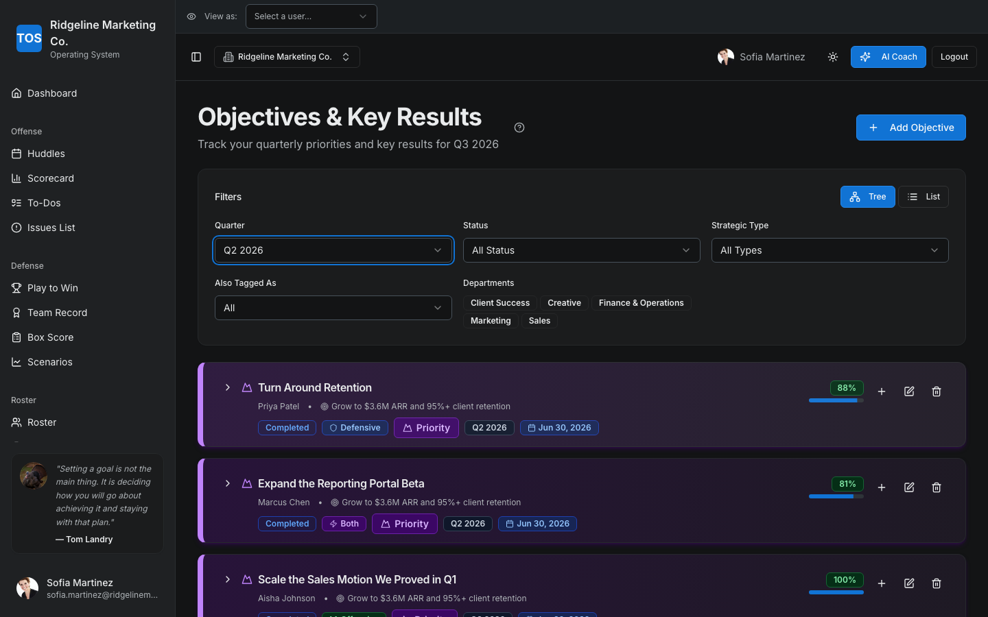 Q2 2026 OKRs showing the sales objective exceeding target and the portal objective carried forward