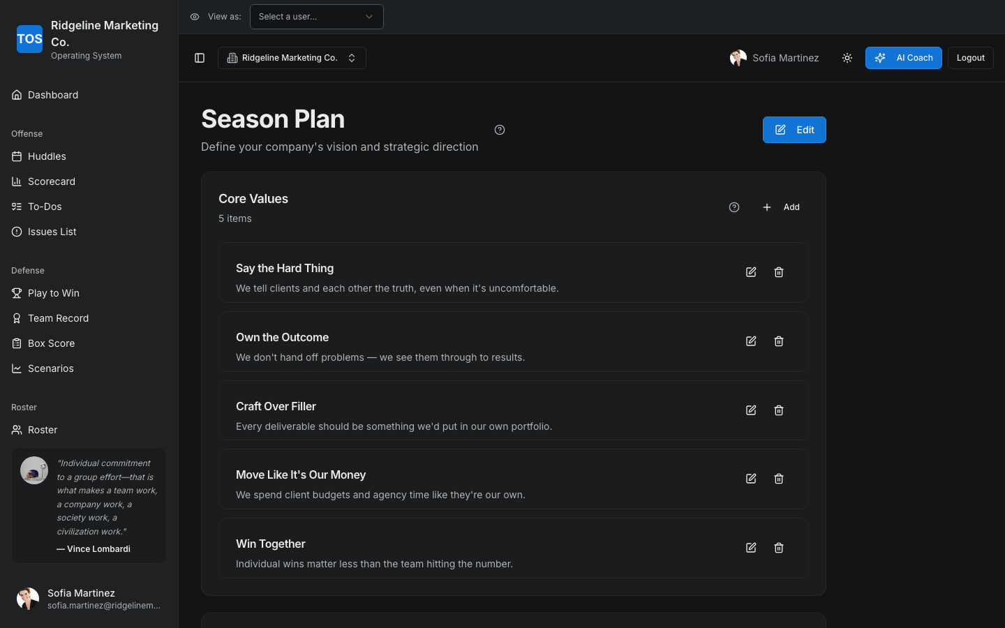 Ridgeline Marketing Co.'s Season Plan showing Core Values, Core Focus, and the 1-Year Goal