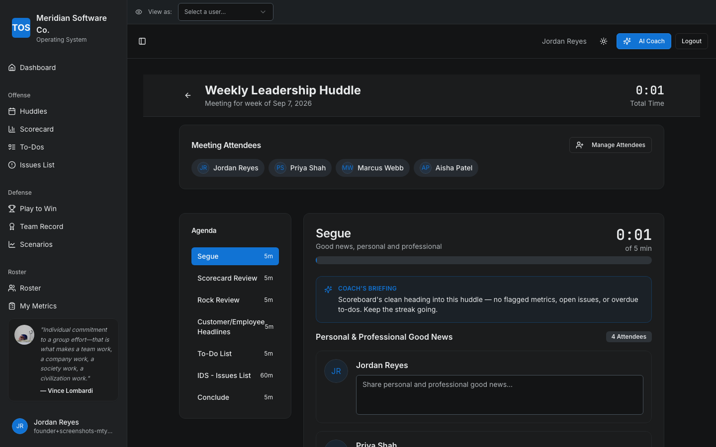 HalftimeOS Meeting Runner showing a weekly huddle agenda with attendees and an AI Coach briefing card