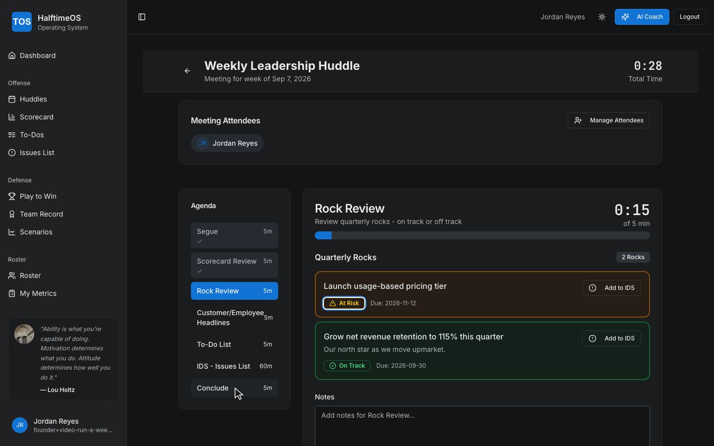 Step 6: Wrap up in Conclude — recap what everyone owns before next week.